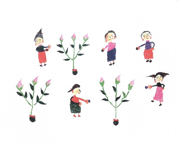 친구들과 오재미 놀이 하던 어린 시절. “나는 꽃을 좋아한게 그림마다 그린 것이 꽃이여. 나도 그려넣고 나비도 그려넣고 역불러 이삐게 색깔 색깔 칠혔어.”(책 241쪽)