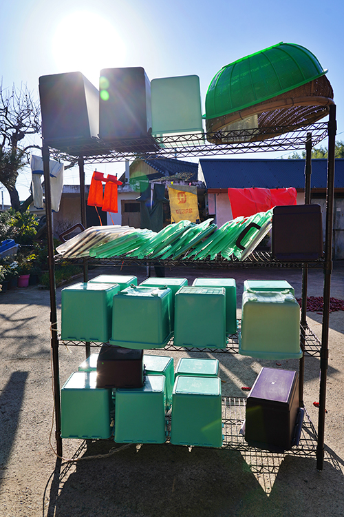 김치통들이 층층이. 김미순 어매네 김장 채비다. “김장할라고 통을 시쳐놨어. 울 애기들이 인자 통을 더 가지고 오꺼요.”