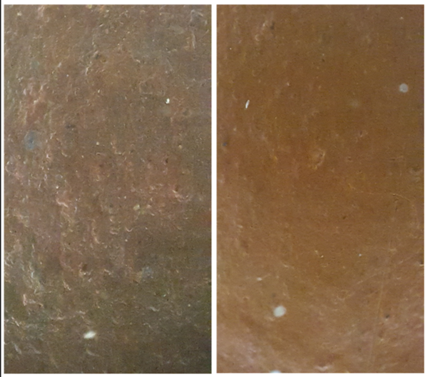 사질감(砂質感): 두 개의 자사호를 약 200배 확대하여 찍은 사진이다. 좌측의 거친 모습의 사진은 사질감을 잘 보여준다. 우측의 사진은 유리처럼 미끈한 재질의 가짜 자사호이다. 다른 경우로는 소성(燒成)온도를 2700도 이상으로 올리면 모래 속의 석영이나 운모가 녹아내려 표면이 매끄럽게 나오는 경우가 있지만 이는 어디까지나 특수한 작품으로 만들어졌을 때의 이야기이다. 주위의 도공들에게 가마에서 1℃의 온도를 올리기 위해 얼마나 애쓰는지 한번 들어보시라.