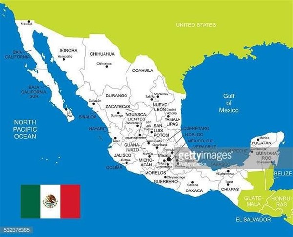 왼쪽 상단 반도 윗부분이 바자캘리포니아(출처: http://www.gettyimages.com/illustrations/nuevo-leon)