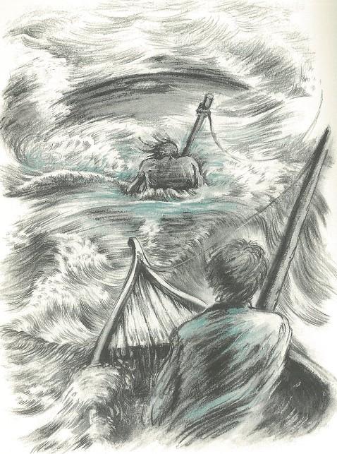 작살을 놓지 않은 채 물속으로 끌려들어가는 세빌라노