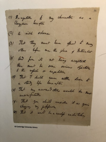 다윈이 아버지가 비글호 탐험을 반대하자 반대하는 이유를 정리한 리스트.