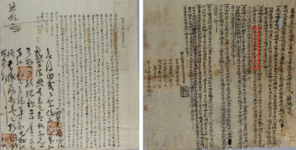 왼쪽 : 1658년 신응망의 아내 정씨가 제출한 소지. 신씨 집안 사위인 이위가 저지른 폭행에 대해 처벌해달라고 요청하였다. 오른쪽 :1608년에 신장길의 아내 이씨가 작성한 재산 분급문기. 이씨는 신장길의 후처로 이 문서에는 신장길의 첫 부인이었던 구씨의 자녀까지 포함했다. 이위는 구씨가 낳은 둘째 딸의 남편이다. 둘째 딸은 사내종 봉생을 받았다.  이미지출처: 디지털장서각 https://jsg.aks.ac.kr/