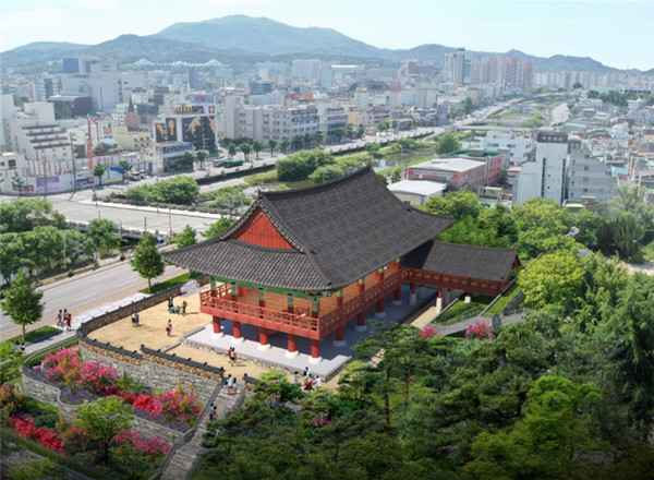 희경루 조감도. 광주 시내가 내려다 보이는 광주공원 한켠에 짓기 시작했다. 건조물이 외형 “중건”을 복원을 넘어 “정사”와 “의례” 등을 “복원”하여 활용되기를 기대한다. (사진 광주광역시, 삼진건축사사무소)