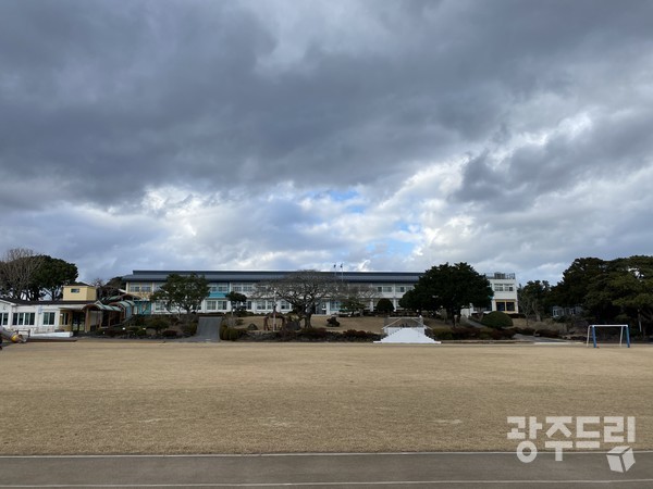 수산초등학교 교정과 학교숲.