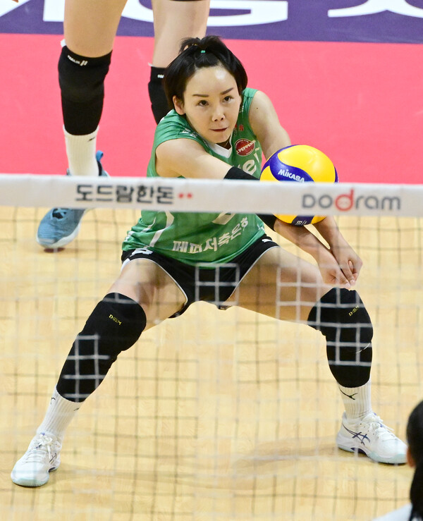 경기중 수비에 집중하고 있는 오지영 선수. 사진=KOVO.