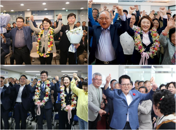 당선이 확정되자 환호하고 있는 광주·전남 당선인들. (왼쪽부터 시계방향으로) 권향엽, 전진숙, 박지원, 정준호 민주당 당선인. 사진=각 후보 캠프 제공.