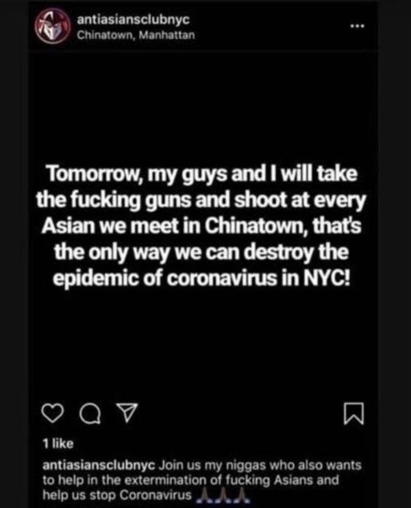인스타그램에 개설된 ‘안티아시안클럽뉴욕’ 계정이 올린 총격 암시글. 현재 해당 계정은 삭제된 상태다. (온라인 커뮤니티 캡처)ⓒ 뉴스1.