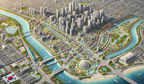 국가균형발전을 완성하여 살기좋은 그린시티로 변모한 광주시 10년 후 미래 상상도.  챗지피티에서 생성
