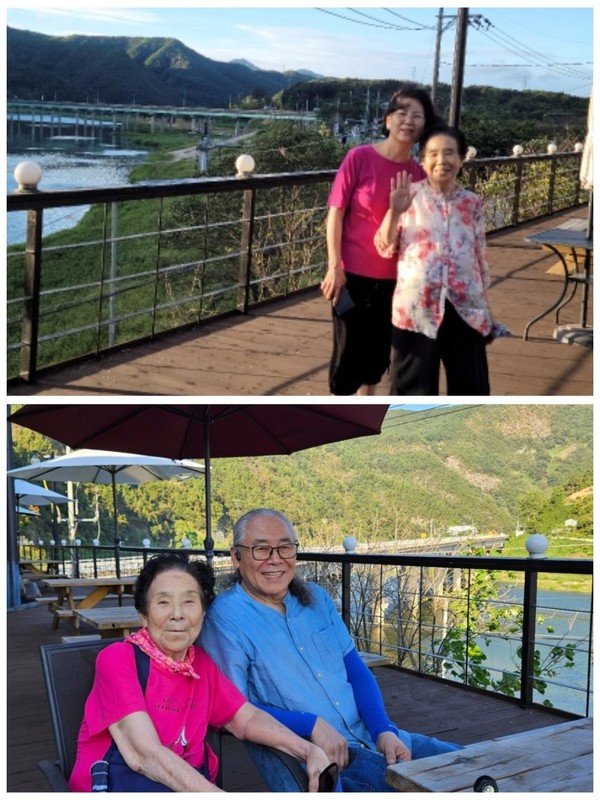 펜션 야외 카페에서 어머님과 작은누님과 큰형님.