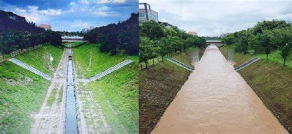 신대천의 평상시 모습과 장대비가 온 직후 모습.  네이버 이미지 사진 캡쳐