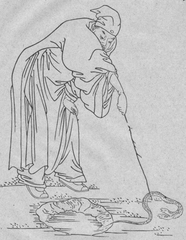어린 손숙오가 머리 둘 달린 뱀을 작대기로 죽이는 모습을 그린 그림이다.