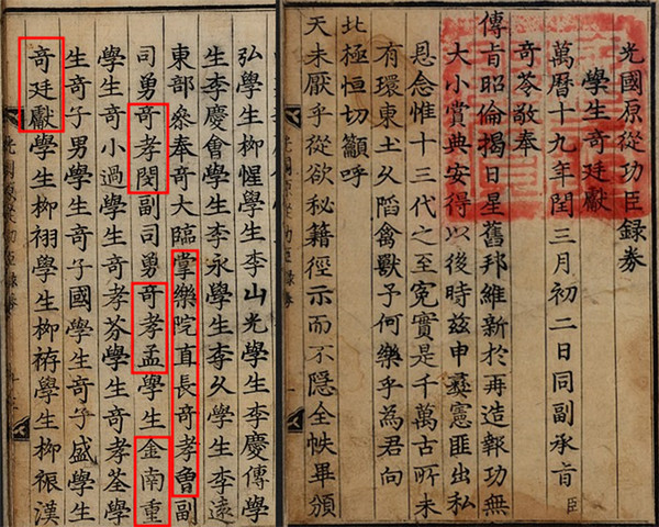 1591년에 기정헌에게 발급된 광국원종공신녹권. 기효증, 기효민, 기효맹, 김남중, 기정헌 등의 이름이 기록되었다. 한국학호남진흥원 소장