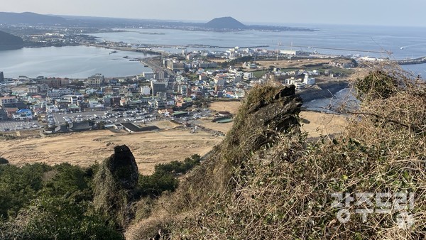 일출봉에서 뒤돌아 본 발자국.
