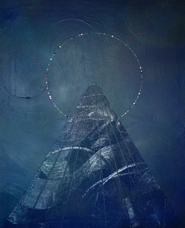 오혜성_B-250125(orbit)_2025_Acrylic, muk, pigment powder, paste, gel, ink, swarovski crystals on canvas_116.8X91cm