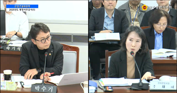 박수기 광주시의원이 4일 열린 행정사무감사에서 복합쇼핑몰 상생영향평가 관련 질의를 하고 있다. 광주시의회 영상캡처.