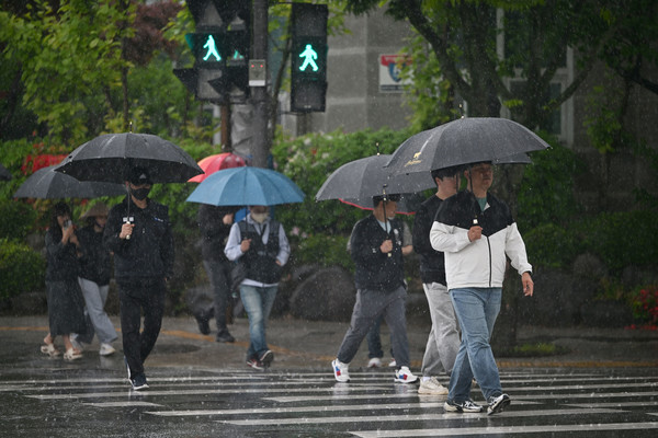시민들이 우산을 쓰고 횡단보도를 건너고 있다. 뉴시스