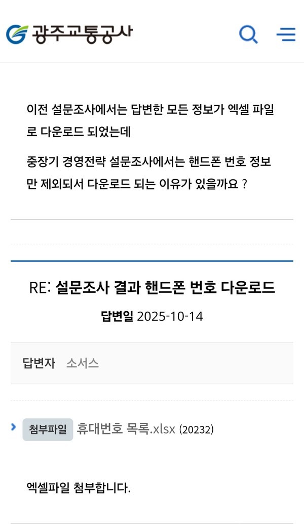 788명의 개인정보 연락처가 담긴 파일을 다운로드 받을 수 있게 광주교통공사 홈페이지에 게시글이 작성돼 있다. 현재는 삭제된 상태다.