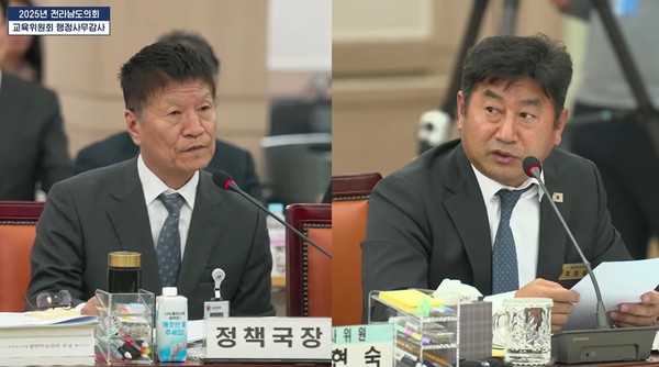 전남도의회 최정훈 의원(더불어민주당, 목포4)이 14일, 제395회 제2차 정례회 전남도교육청 행정사무감사에서 전남도교육청 문태홍 정책국장에게 질의하고 있다.  전남도의회 제공.